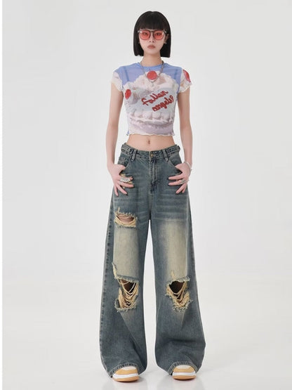 funninessgames High Street Perforated Jeans Women's Summer New INS Fashion Brand Straight Tube Loose Sweeping Wide Leg Pants Women's Jeans