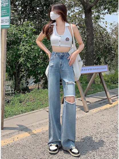 funninessgames Ripped Jeans Women's Summer Thin Section  New Straight Loose High Waist Thin Wide Leg Pants