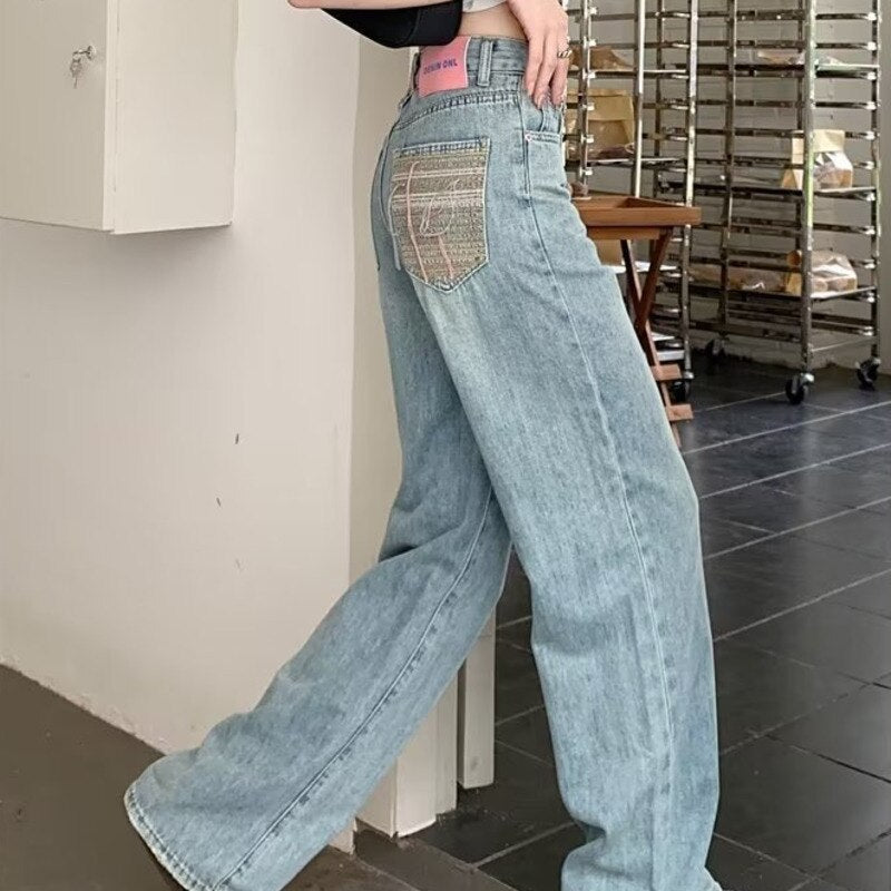 funninessgames Baby Blue Loose Straight Jeans Women's High Waist Thin Summer Thin Design Tassel Versatile Wide Leg Pants Trend