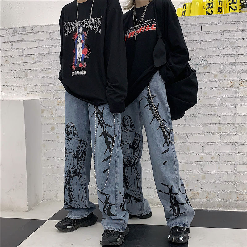 funninessgames Harajuku Women Jeans Pants Streetwear Print Hippie Denim Pants Women Korean Style Wide Leg Pants Vintage Grunge Trousers