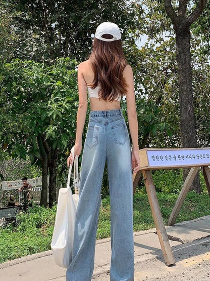 funninessgames Ripped Jeans Women's Summer Thin Section  New Straight Loose High Waist Thin Wide Leg Pants