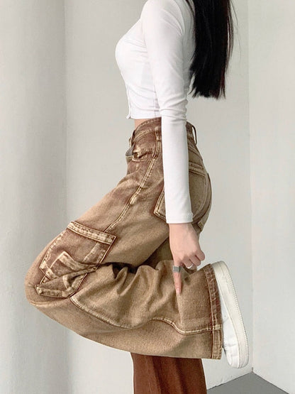 funninessgames Y2K Brown Cargo Pants Women 90S Vintage Grunge High Waist Baggy Jeans Streetwear Wide Leg Loose Denim Trousers Female