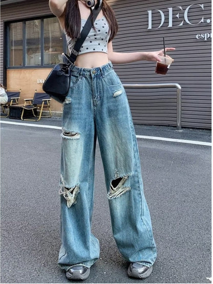 funninessgames Vintage Pants, Jeans, Women's Torn Wide Leg Pants, Summer High Waisted, Slimming, Loose Fitting Long Pants, Women's Jeans