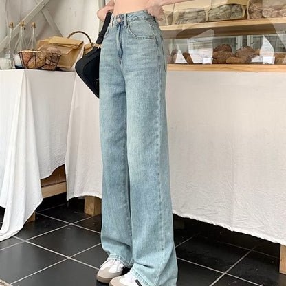 funninessgames Baby Blue Loose Straight Jeans Women's High Waist Thin Summer Thin Design Tassel Versatile Wide Leg Pants Trend