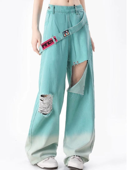 funninessgames Spring and Autumn Dopamine Leisure Network Red Fried Street Age Reducing Gradient Denim Wide Leg Pants Women's Jeans