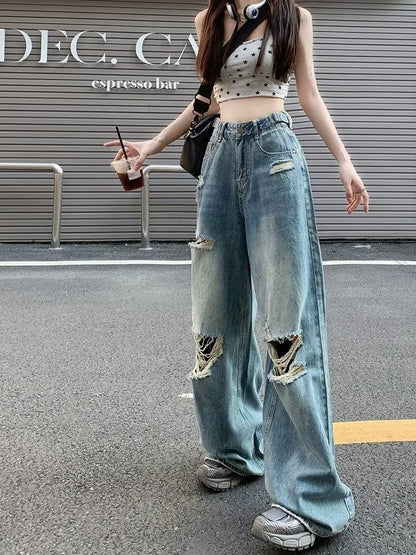 funninessgames Vintage Pants, Jeans, Women's Torn Wide Leg Pants, Summer High Waisted, Slimming, Loose Fitting Long Pants, Women's Jeans