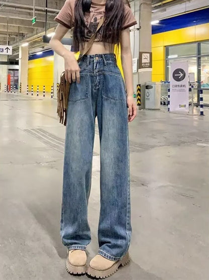 funninessgames Retro Blue Distressed Korean Version High-waisted High-straight Design Loose Jeans