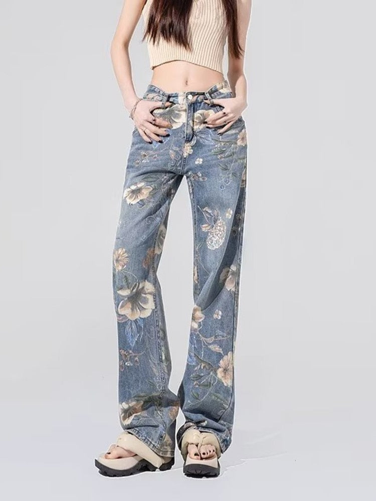 funninessgames Street Printed Jeans, Female Niche Design, Trendy Vibe High Waisted Drape, Straight Leg Wide Leg Long Pants, Women's Jeans