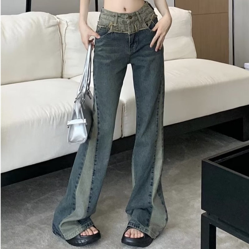 funninessgames Summer New Splice Slim Raglan Jeans Women Spice Girls High Waist Design Sense Small Public Show Thin Flare Pants