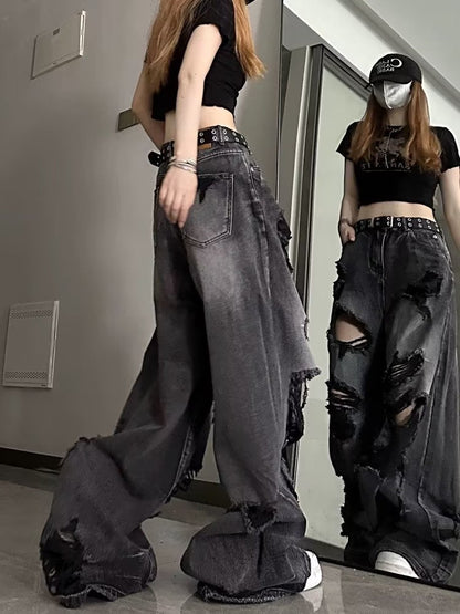 funninessgames Niche Design Jeans, High Street Heavy Industry Wide Leg Pants, High-end Floor Length Pants, Trendy Brand Women's Jeans