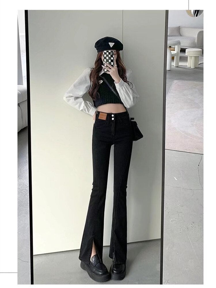 funninessgames Split Jeans Women's Spring And Autumn New High-waisted Slim Fit Slim Wide-legged Micro-trumpet Mopping Pants Trendy Ins