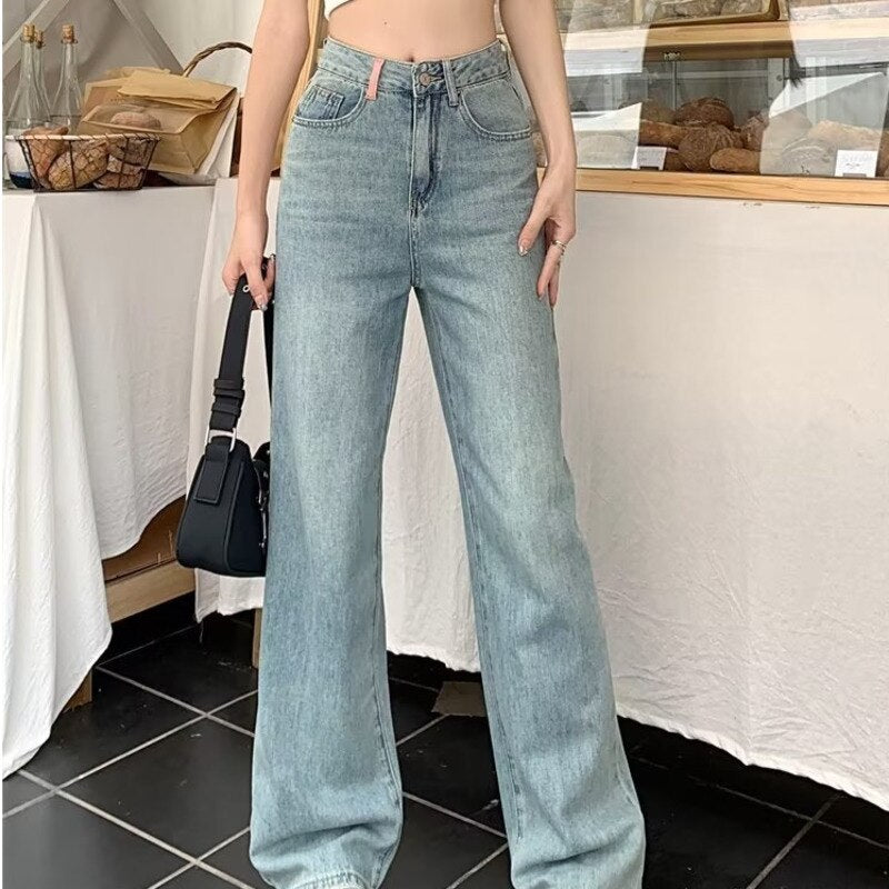 funninessgames Baby Blue Loose Straight Jeans Women's High Waist Thin Summer Thin Design Tassel Versatile Wide Leg Pants Trend