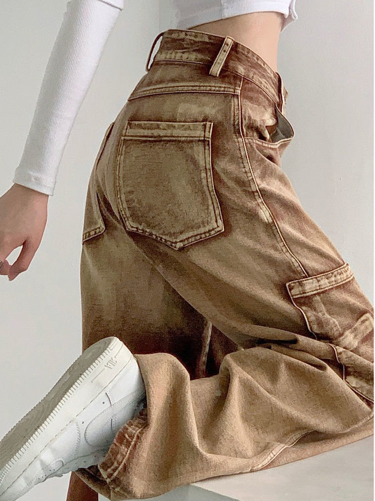 funninessgames Y2K Brown Cargo Pants Women 90S Vintage Grunge High Waist Baggy Jeans Streetwear Wide Leg Loose Denim Trousers Female