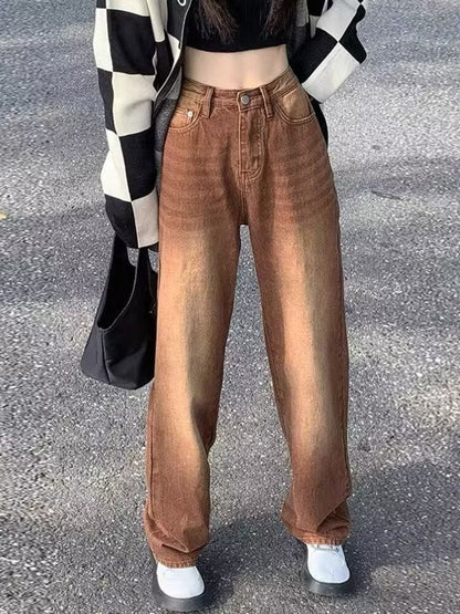 funninessgames European And American Retro Brown Jeans Women's Spring And Autumn High-waisted Straight-leg Loose And Thin Wide-leg Pants