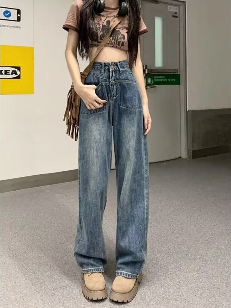 funninessgames Retro Blue Distressed Korean Version High-waisted High-straight Design Loose Jeans