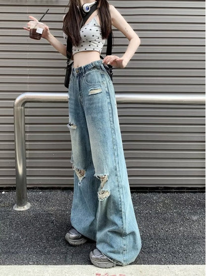 funninessgames Vintage Pants, Jeans, Women's Torn Wide Leg Pants, Summer High Waisted, Slimming, Loose Fitting Long Pants, Women's Jeans