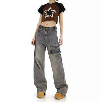 funninessgames Hong Kong Style Retro High Waisted Workwear Jeans, Women's Summer New Unique Design, Straight Pocket, Floor Long Pants