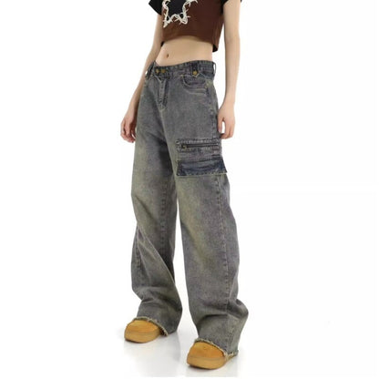 funninessgames Hong Kong Style Retro High Waisted Workwear Jeans, Women's Summer New Unique Design, Straight Pocket, Floor Long Pants