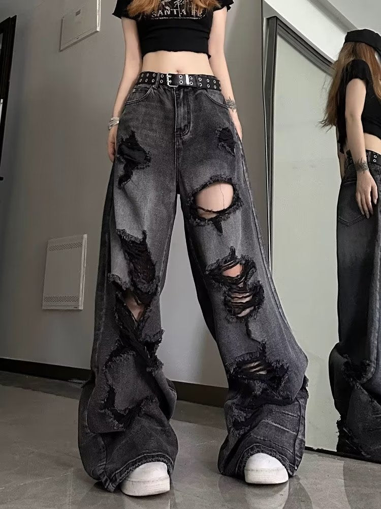 funninessgames Niche Design Jeans, High Street Heavy Industry Wide Leg Pants, High-end Floor Length Pants, Trendy Brand Women's Jeans