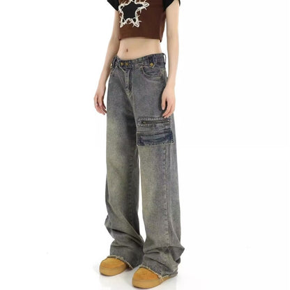 funninessgames Hong Kong Style Retro High Waisted Workwear Jeans, Women's Summer New Unique Design, Straight Pocket, Floor Long Pants