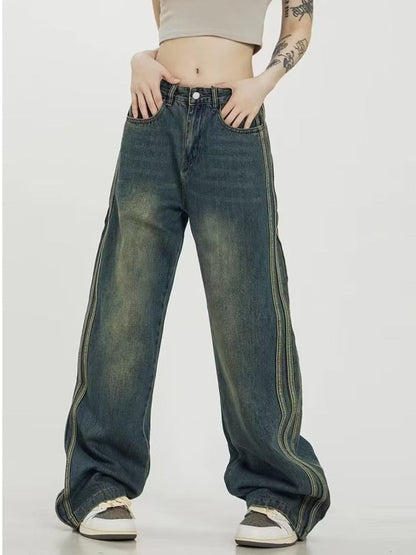 funninessgames Vintage Washed Old High Street Side Striped Jeans Women's Loose Wide Leg Slim Pants Women's Jeans