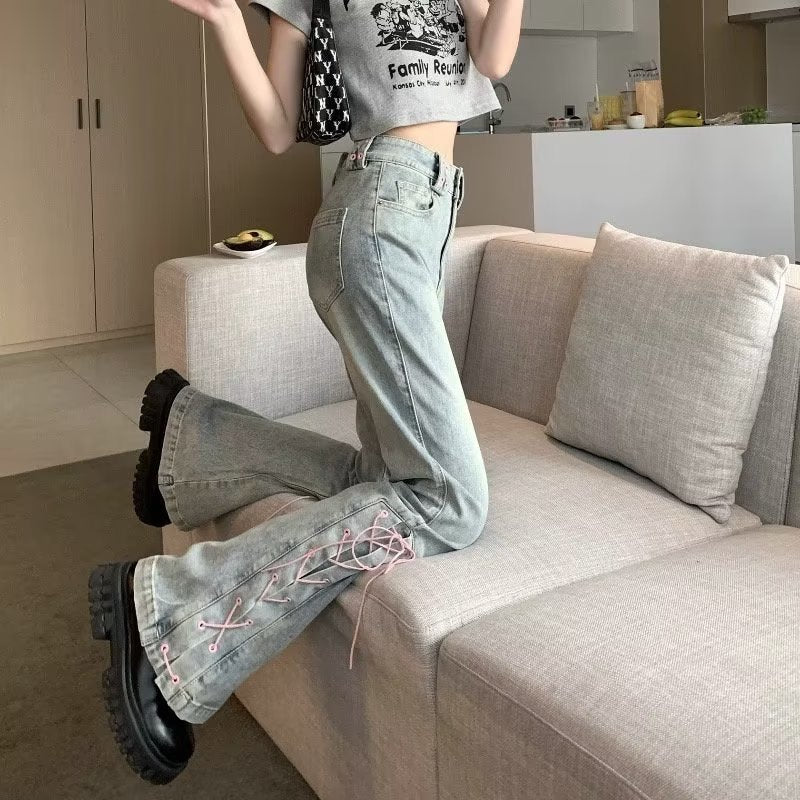 funninessgames Small Design With Straps And Mini Slacks, Retro High Waist Jeans For Female Xia Spicy Girls, Slim Straight Bell Pants, Autumn