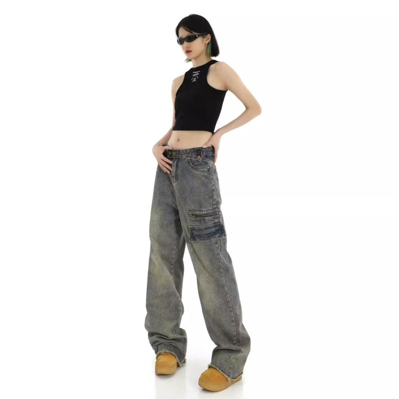 funninessgames Hong Kong Style Retro High Waisted Workwear Jeans, Women's Summer New Unique Design, Straight Pocket, Floor Long Pants