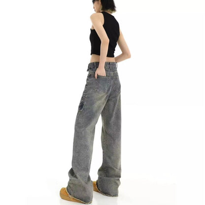 funninessgames Hong Kong Style Retro High Waisted Workwear Jeans, Women's Summer New Unique Design, Straight Pocket, Floor Long Pants