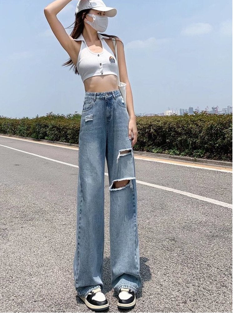 funninessgames Ripped Jeans Women's Summer Thin Section  New Straight Loose High Waist Thin Wide Leg Pants