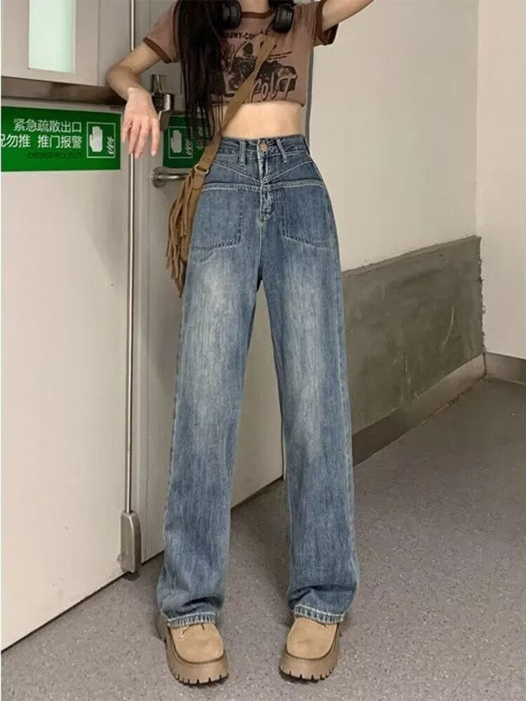 funninessgames Retro Blue Distressed Korean Version High-waisted High-straight Design Loose Jeans