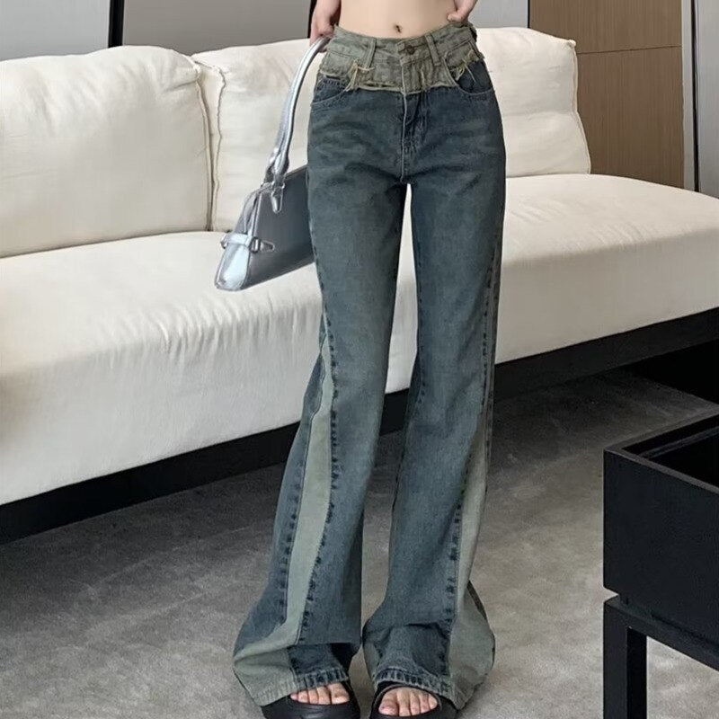 funninessgames Summer New Splice Slim Raglan Jeans Women Spice Girls High Waist Design Sense Small Public Show Thin Flare Pants