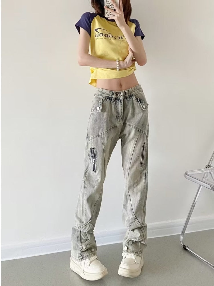 funninessgames Yellow Mud Color Street Zippered Jeans  Women's High Street Trendy Straight Leg Pants  Slimming Micro Flared Pants