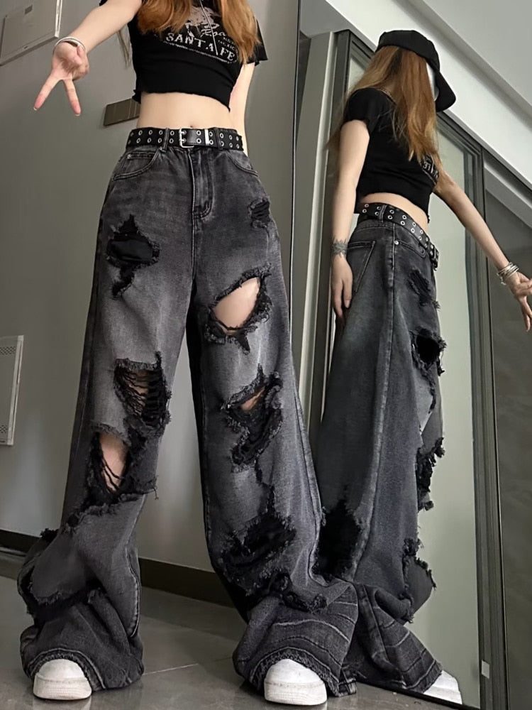 funninessgames Niche Design Jeans, High Street Heavy Industry Wide Leg Pants, High-end Floor Length Pants, Trendy Brand Women's Jeans