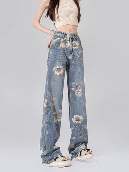 funninessgames Street Printed Jeans, Female Niche Design, Trendy Vibe High Waisted Drape, Straight Leg Wide Leg Long Pants, Women's Jeans