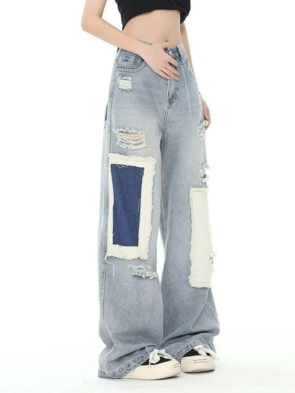 funninessgames Design Sense Contrast Color Broken Hole Patch Women's Jeans Women's Summer Crowd High Waist Loose Straight Leg Long Pants