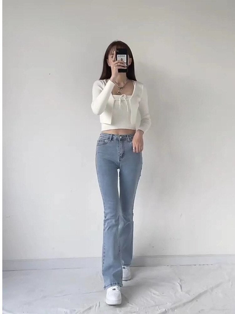 funninessgames split jeans women's spring and autumn new high-waisted slim fit slim wide-legged micro-flare mopping pants trendy ins