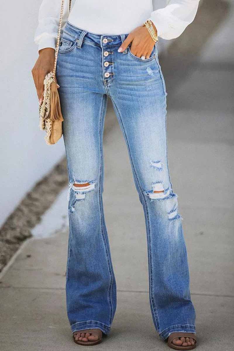 Mid Rise Button Front Flare Denim Jeans