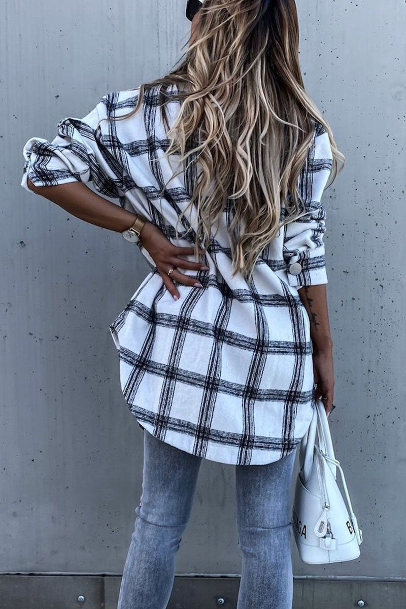 Long Sleeve Plaid Shirt Mid-length Coat