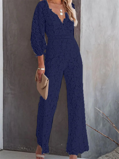 Women's Jumpsuits Rompers CHRONSTYLE Elegant Women Lace Wide Leg Pants Jumpsuits Solid Color Long Sleeve High Waist V Neck Floral Rompers Streetwear 230920