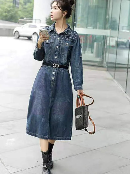 Designer mid-length Dress for Women denim office business lapel colloar skirts with belt oversized blue jeans dress