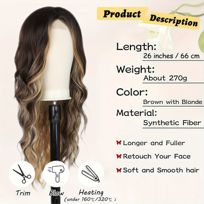 4-Pack U-Part Lace Front Wigs - Brown with Blonde Blend - Long, Wavy/Curly Style - Dark Roots Synthetic Hair - Heat Resistant, Natural-Looking - Perfect for Daily Wear & Parties - Seamless Middle Part Design