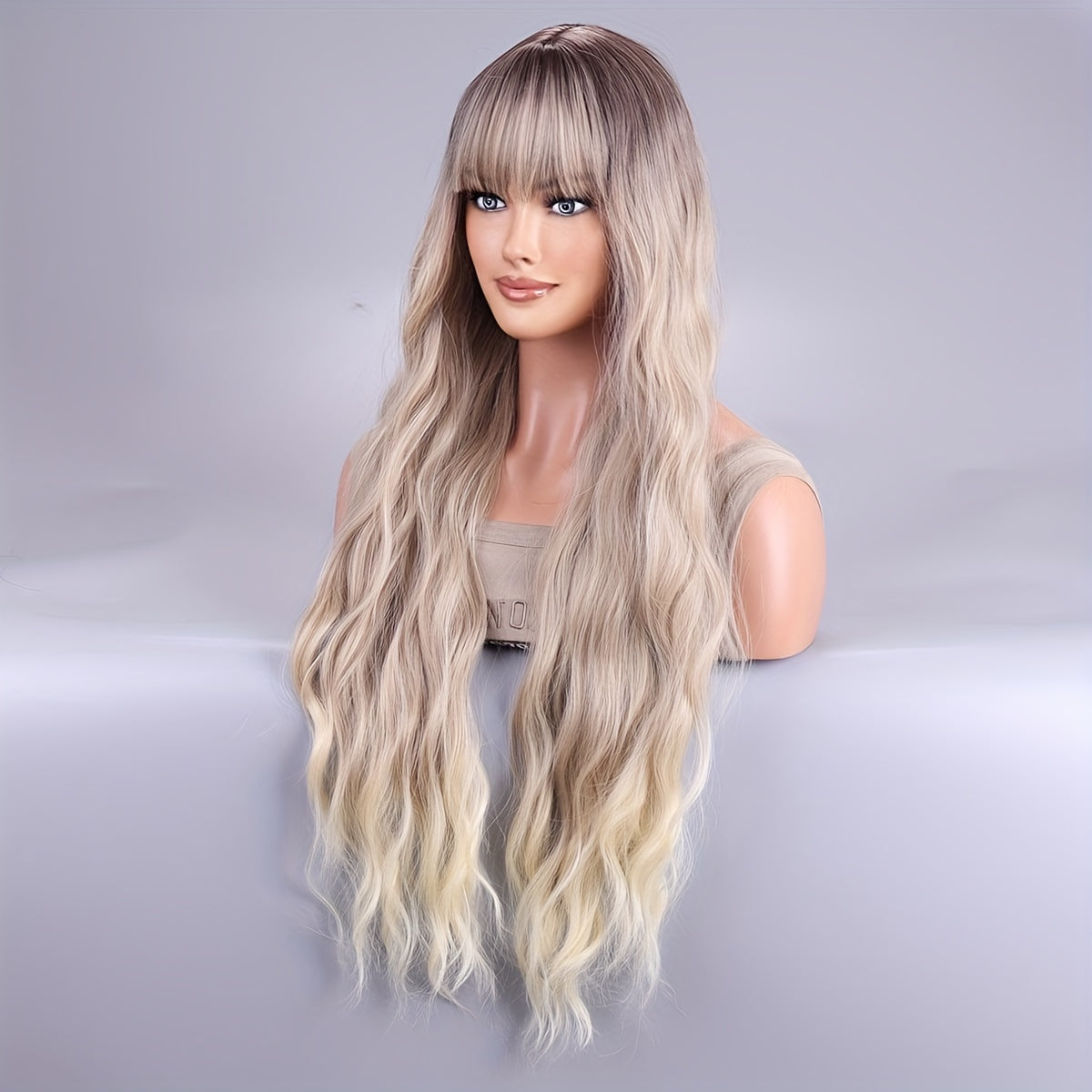 1pc Stunning Blonde Curly Ombre Wig with Bangs - Heat Resistant, 100% Density, Rose Net Cap, Long Wavy Style for Women and Men - Perfect for Daily Party Use, 28 Inches