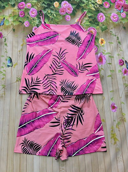 Tropical Oasis Shorts Set - Stylish V-neck Cami Top with Relaxed Fit, High Waist Shorts with Flattering Silhouette, Perfect for Summer Vacations and Outdoor Activities - Designed Exclusively for Women, Ideal for Warm Weather and Beach Getaways