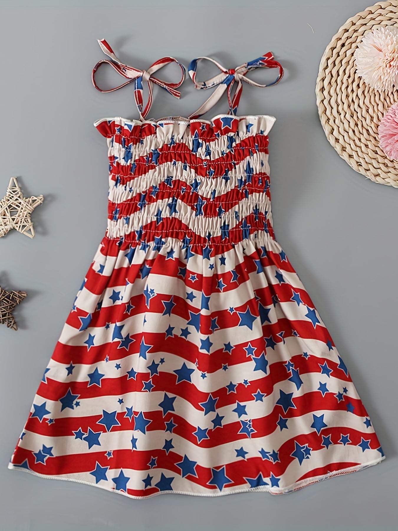 Toddler Girls Stars And Stripes Graphic Frill Trim Shirred Bow Shoulder Cami Dress For Independence Day Kids Summer Clothes