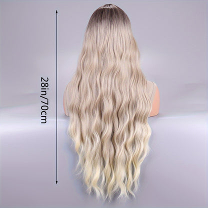 1pc Stunning Blonde Curly Ombre Wig with Bangs - Heat Resistant, 100% Density, Rose Net Cap, Long Wavy Style for Women and Men - Perfect for Daily Party Use, 28 Inches