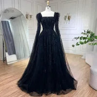 Serene Hill Luxury Dubai A Line Blue Cape Sleeves Feathers Beaded Evening Dresses Gowns For Women Party