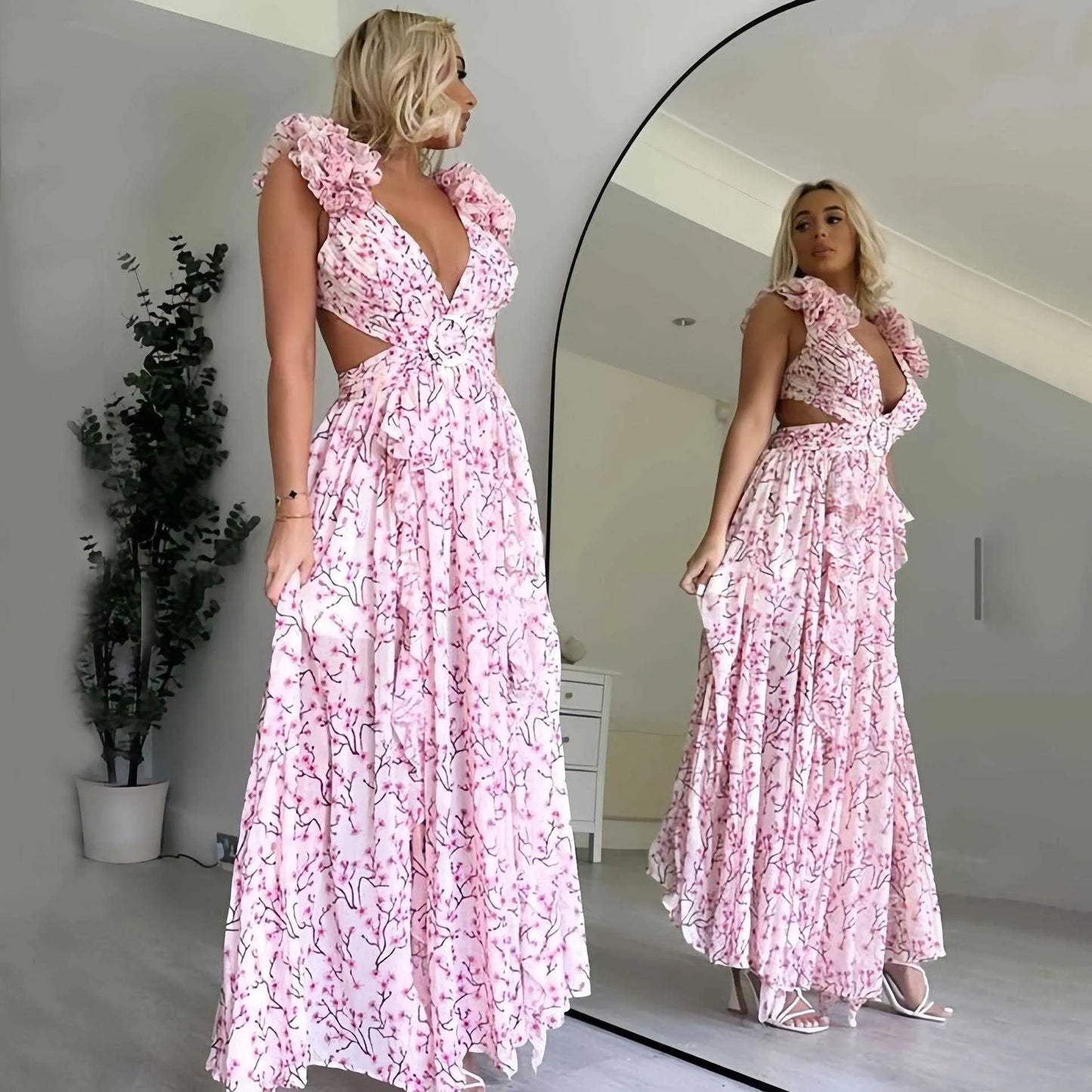 Summer New Holiday Print Long Dress Deep V Off Back Slim Fit Ruffle Floral Dress