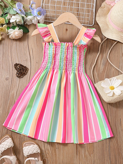 Girls Color Block Striped Sleeveless Ruffles Ruched Dress Kids Summer Clothes