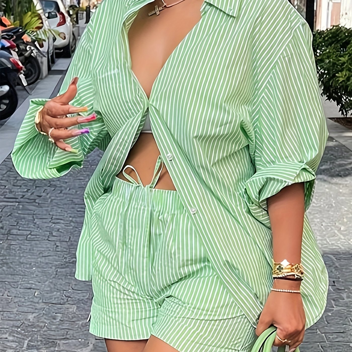 Elegant Casual Striped Two-Piece Set for Women - Machine-Washable Long Sleeve Shirt with Drawstring Shorts, Perfect for Spring/Summer