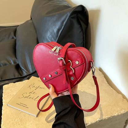 Mini Valentine's Day Heart Shaped Shoulder Bag, Solid Color Zipper Crossbody Wallet For Women, Punk Style Handbag